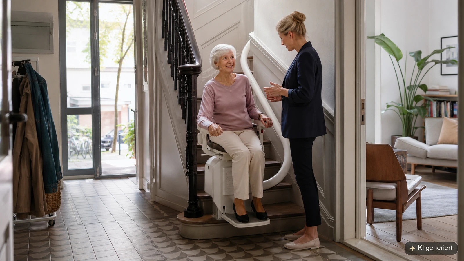 Seniorin nutzt einen modernen Treppenlift in ihrem Zuhause
