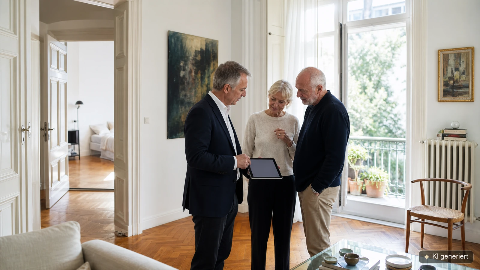 Immobilienbewertung mit älteren Eigentümern in einer Berliner Wohnung